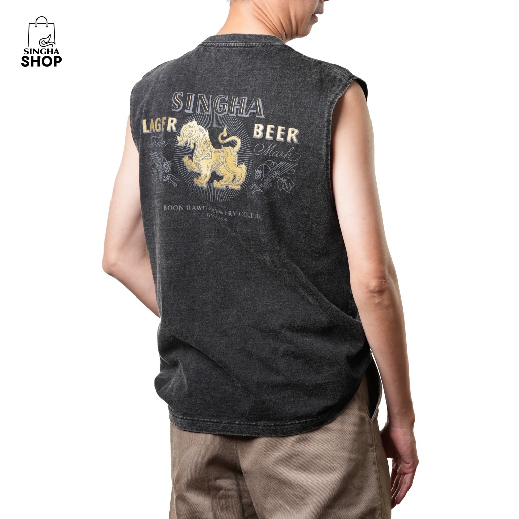 เสื้อแขนกุด สีดำฟอก โลโก้สิงห์