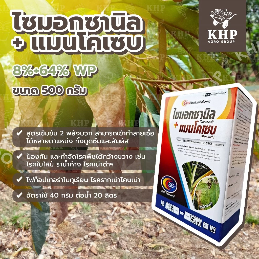 ไซมอกซานิล + แมนโคเซบ (8%+64% WP) ป้องกันกำจัดโรคในพืช สูตร 2 พลัง ราน้ำค้าง ใบจุด ใบไหม้ ไฟท็อปเทอร่า 500 กรัม