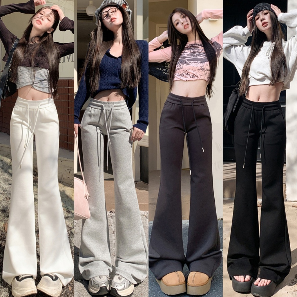 จัดส่งจากกรุงเทพฯ🌞กางเกงขายาว กางเกงขาบานผู้หญิง ผ้ายืดสวย ลําลองเอวสูง สไตล์อเมริกันย้อนยุค