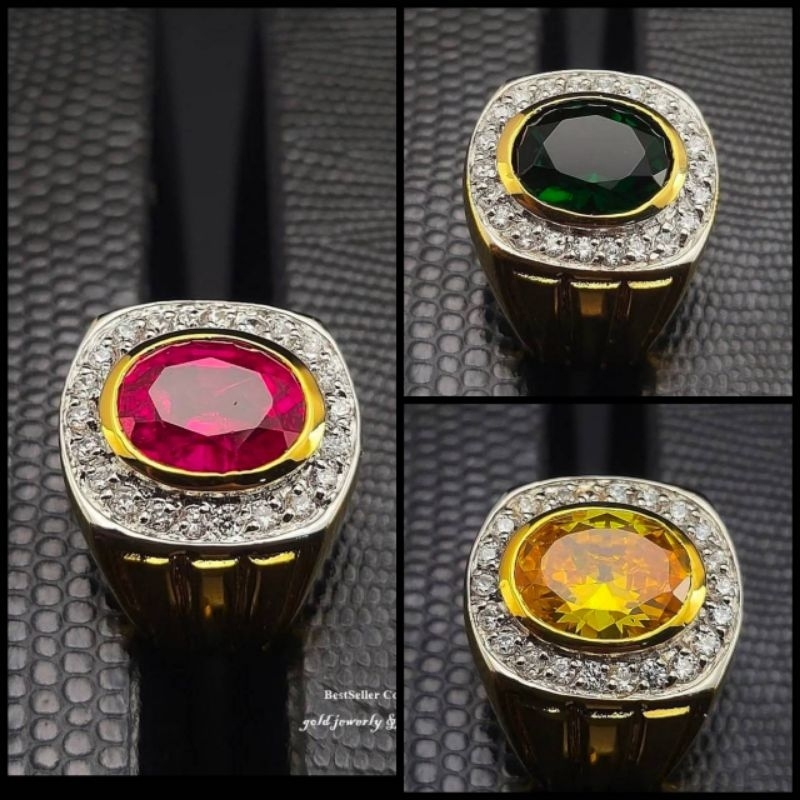 แหวนพลอยล้อมเพชรผู้ชาย เพชรczแท้ งานทอง 5 ไมครอน