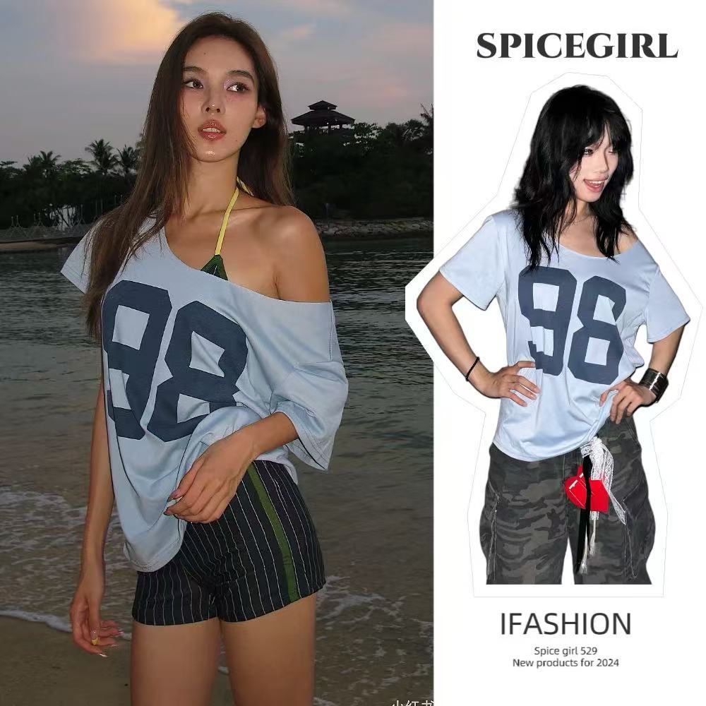 🔥Spice Girl🔥พร้อมส่งไทย เสื้อยืดแขนกุดสีน้ำเงินทรงหลวม คอกลม ลายพิมพ์ตัวอักษร สไตล์สตรีท สไตล์สบายๆ เหมาะกับฤดูร้อน