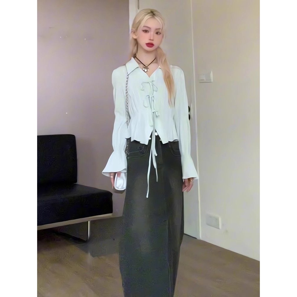 [Sheing office]🌟พร้อมส่ง🌟เสื้อเชิ้ตผู้หญิงแขนยาวผูกโบว์คอวีแขนกระดิ่งดีไซน์เก๋ๆ