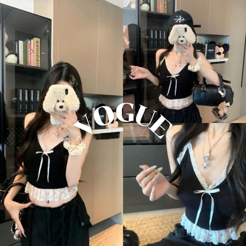 Vogue🌟พร้อมส่ง🌟 เสื้อสายเดี่ยว ผ้าไหมพรมแต่งโบว์ ยืดพอดี (H487)