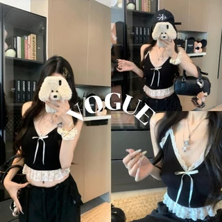 Vogue🌟พร้อมส่ง🌟 เสื้อสายเดี่ยว ผ้าไหมพรมแต่งโบว์ ยืดพอดี (H487)