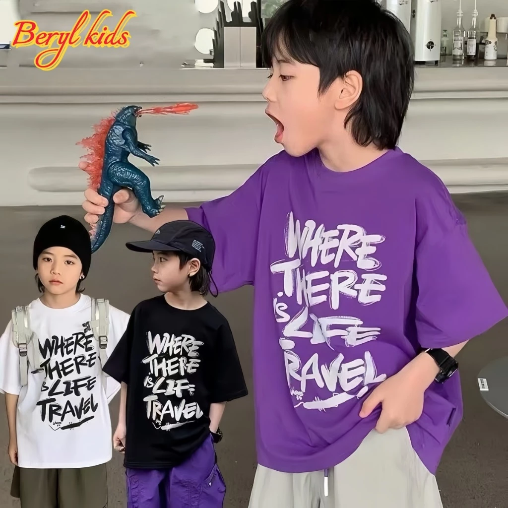 Beryl kids🌸เสื้อยืดแขนสั้นเด็ก🎀เสื้อผ้าเด็กพิมพ์ตัวอักษรฤดูร้อน อินเทรนด์เกาหลี ระบายอากาศ สีสันเท่ๆ ทรงหลวม รุ่นใหม่