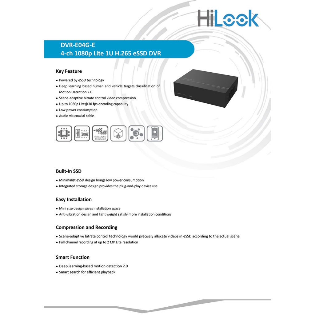 HILOOK eDVR DVR-E04G-XE (4 CH) เครื่องบันทึกกล้องวงจรปิด 4 CH สำหรับกล้อง HD ความละเอียดไม่เกิน 2MP มี eSSD 1TB ในตัว