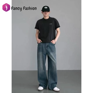 Fancy กางเกงยีนส์กระบอกใหญ่ กระบอกลิซ่า ยีนส์สนิมเขียวฟอก M-3XL