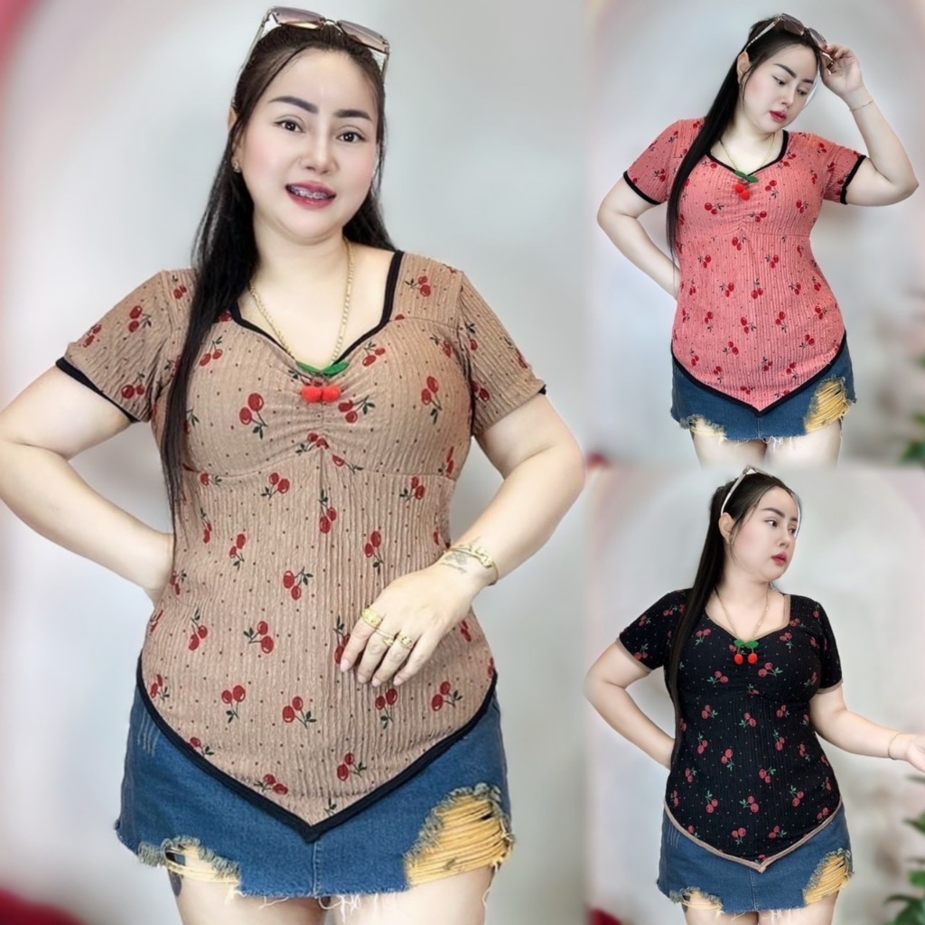 เสื้อสาวอวบน่ารัก อก38-44 ยาว26 ผ้าท๊อฟฟี่พิมพ์ลาย **รุ่น เบลล่าผ้าท๊อฟฟี่ลายเชอร์รี่