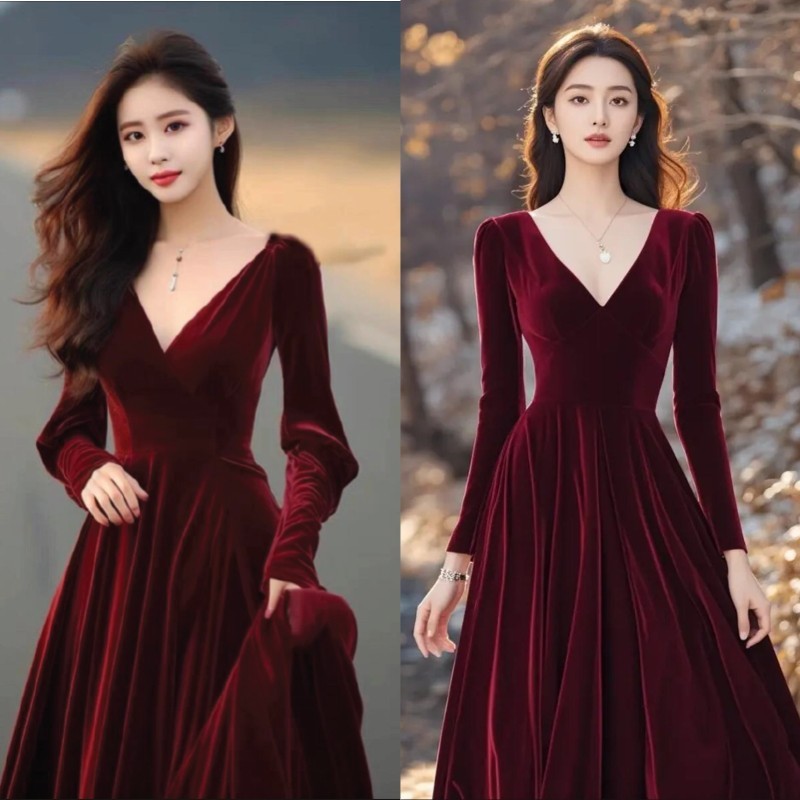 เดรสกำมะหยี่แดง คอวีแขนยาว เย็บจับจีบช่วงเอวกระโปรงทรงเอ พริ้วสวย Dress ออกงาน ชุดใส่งานปีใหม่ #9203