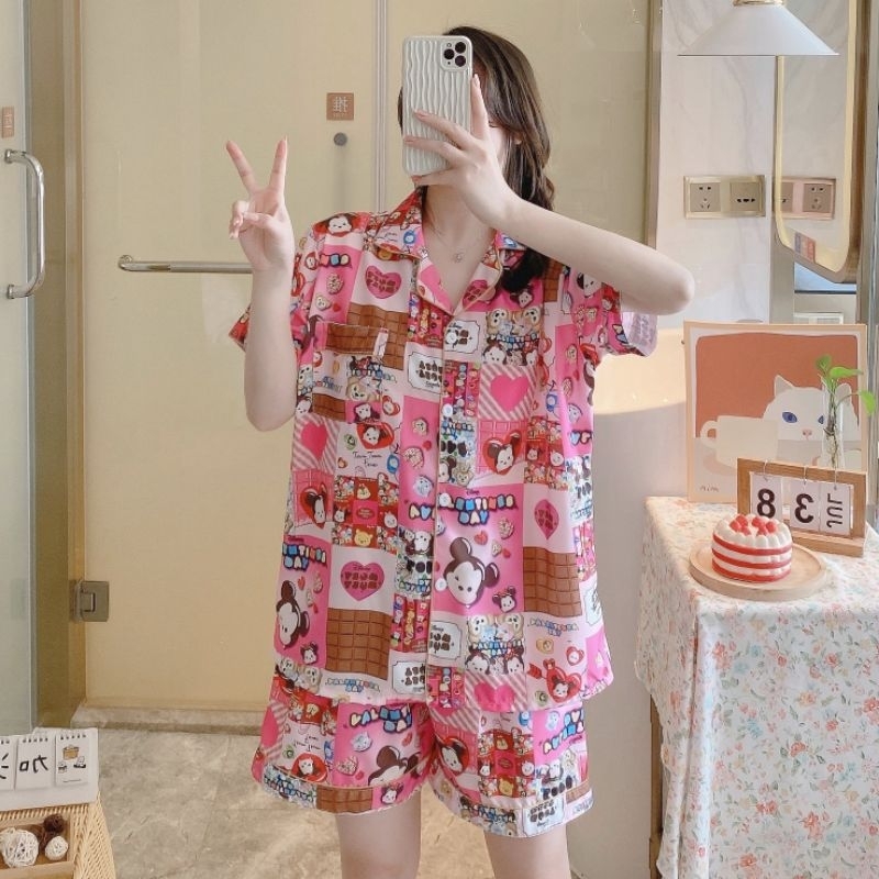 ชุดนอนผ้าซาติน ชุดนอนผู้หญิง แขนสั้นขาสั้น งานนิ่มมาก ใส่สบาย GL รูปที่ 2