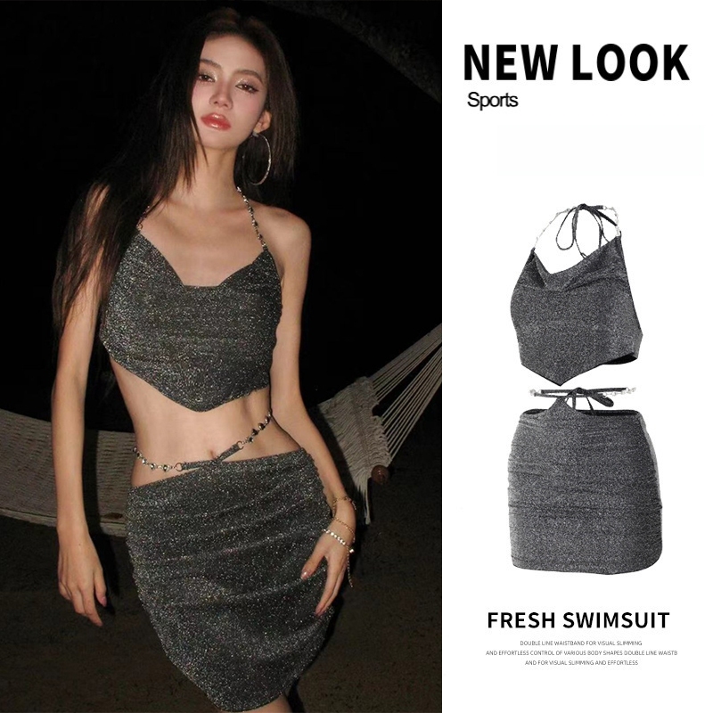ชุดว่ายน้ําบิกินี่ ชุดว่ายน้ำเซ็กซี่ 3ชิ้น ประดับด้วยโซ่ แฟชั่นชุดว่ายน้ำชายหาด มีฟองน้ำ#LT - รูปที่ 7