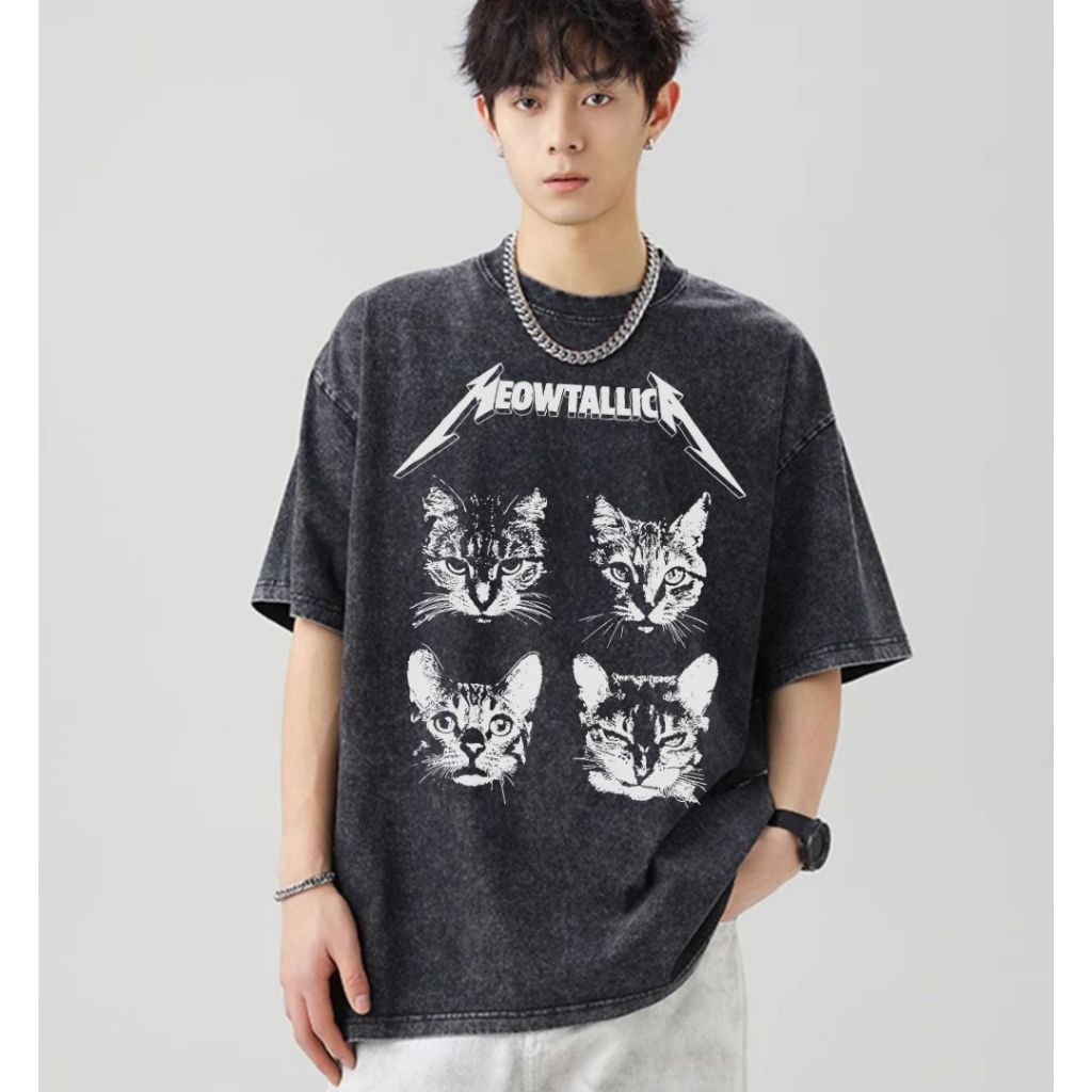 TeeTwoOne วินเทจอเมริกัน เสื้อยืดฟอก"MEOWTALLICA CAT" พิมพ์ลาย สตรีทแฟชั่น  เสื้อยืด เสื้อยืดแขนสั้นผู OVERSIZE T-shirt