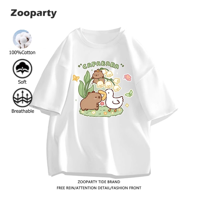 เสื้อ Capybara ฤดูร้อน ใหม่ น่ารัก การ์ตูน คอกลม เสื้อสีขาว สไตล์เกาหลี ผ้าฝ้าย ตัดเย็บดี ใส่สบาย นุ่ม พร้อมส่ง