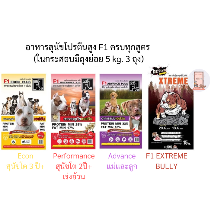 อาหารสุนัข เอฟวัน F1  คุณภาพดี สุนัขสายประกวด ขนาด 15 kg.