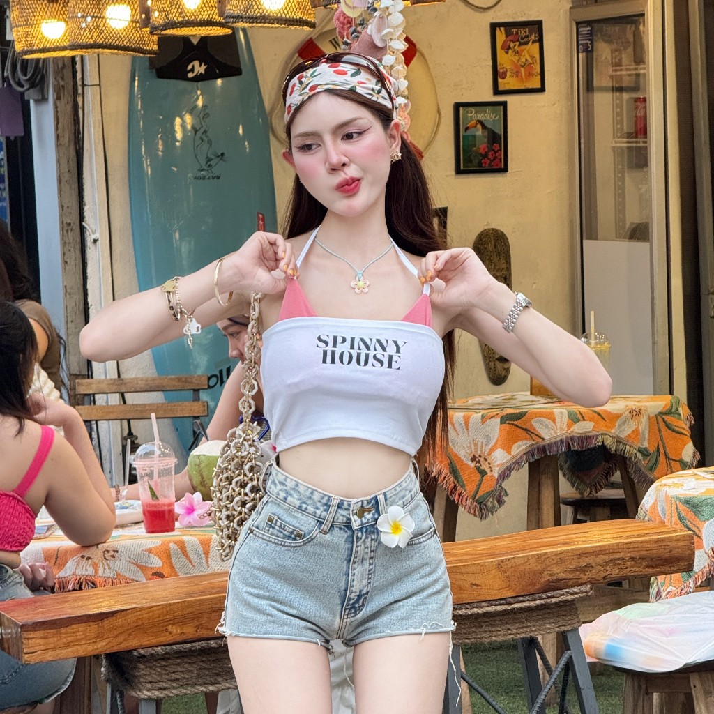 ชุดเล่นน้ำสงกรานต์ 💦 เสื้อบิกีนี่ไม่มีฟอง เสื้อเกาะอกสกรีนลาย บิกีนี่ผูกเชือก รุ่น บิกีนี่ทูโทน+เกาะอกยูนิSPINNY