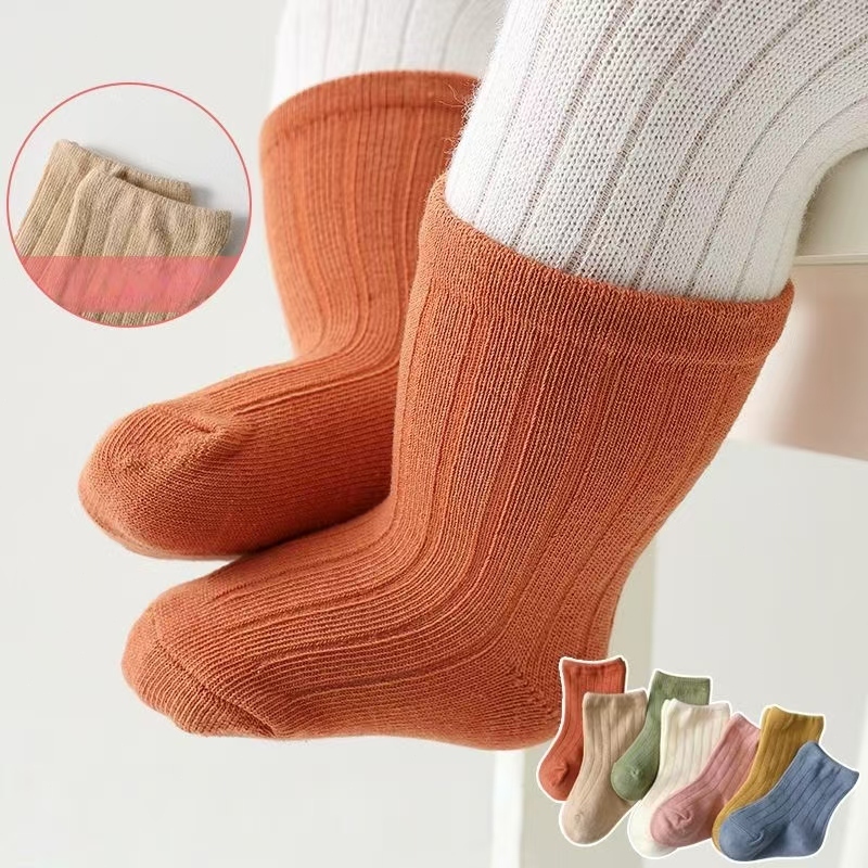 ระบายอากาศ น่ารัก ยืดหยุ่น สีพื้น ถุงเท้าผ้าฝ้ายนุ่ม  สําหรับเด็กวัยหัดเดิน  5 คู่/ชุด