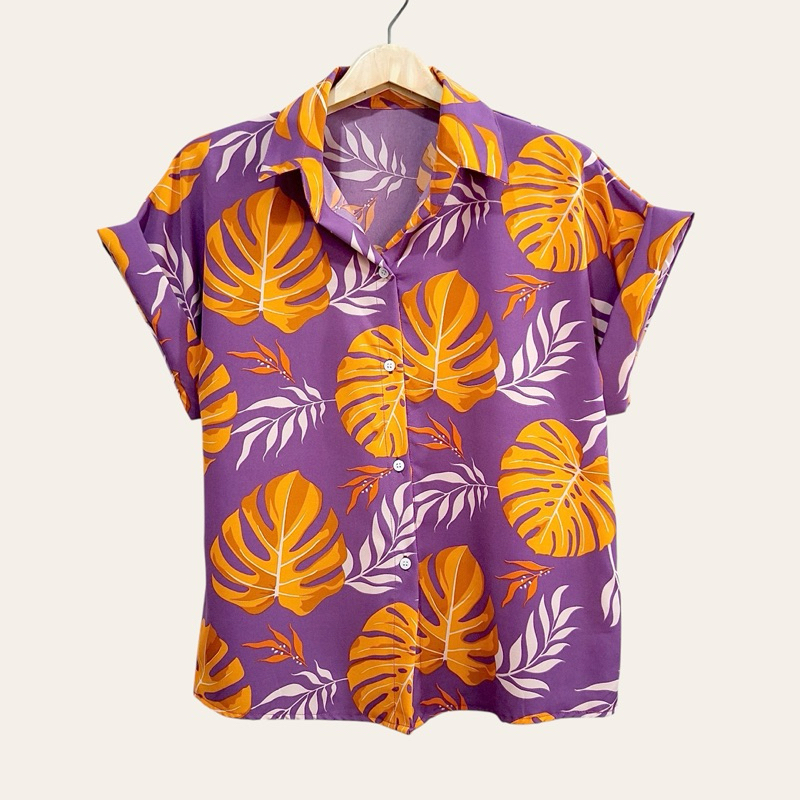 (อก 44”) (เหลือสีม่วง) เสื้อเชิ้ต เเขนสั้น ผ่าหน้า ลายใบ ผ้าไหมอิตาลี ไม่ต้องรีด