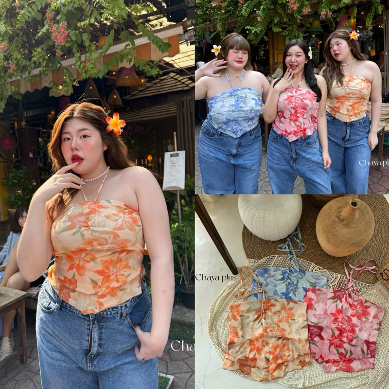 ✅เข้าเพิ่ม✅(LD) เกาะอกคล้องคอ ผ้าซีฟองลายดอกชบา🌺🔫สวย แซ่บ สดใส เสื้อผ้าสาวอวบอ้วน พลัสไซส์ ไซส์ใหญ่