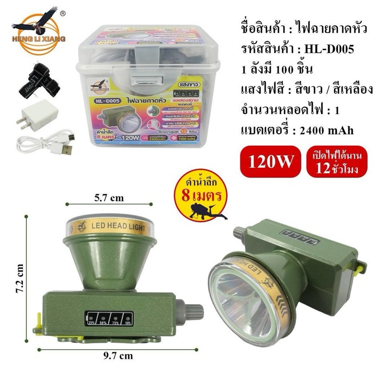 ไฟฉายคาดหัวดำน้ำ 8เมตร ปรับหรี่ได้ 120W HL-D005 พร้อมสายชาร์จ USB Type-C