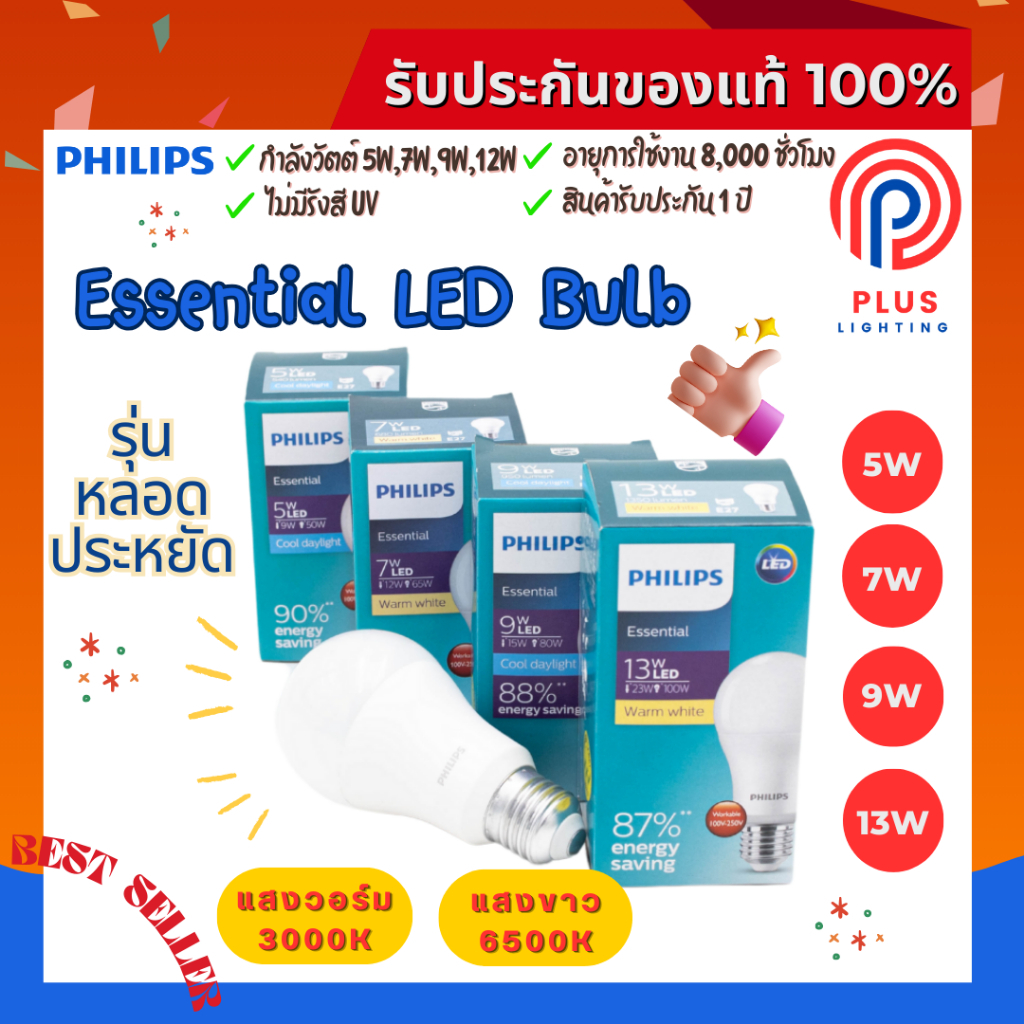 หลอดไฟ ฟิลิปส์ Philips 5W,7W,9W,13W ขั้ว E27 Essential LED Bulb