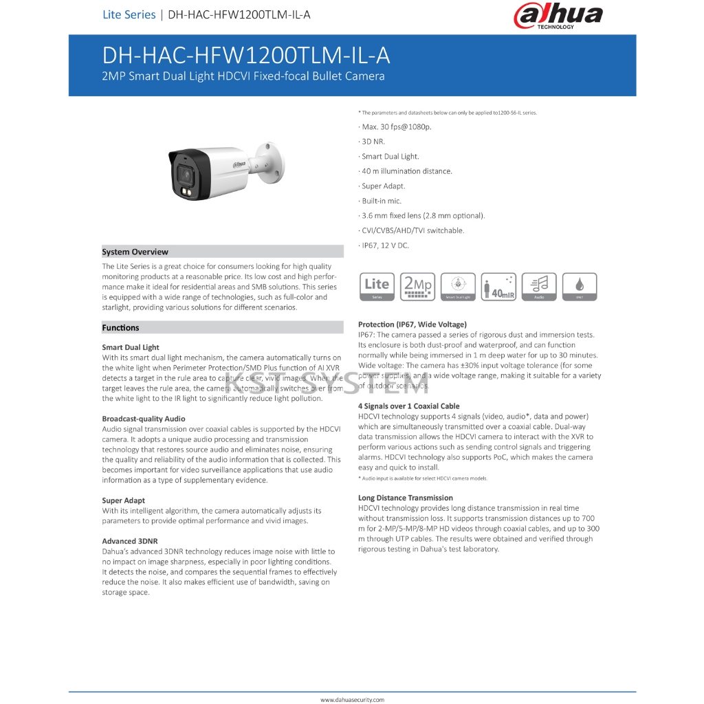 HAC-HFW1200TLM-IL-A (เลือกเลนส์) กล้องวงจรปิด Dahua Smart Dual Light HDCVI 2MP (ไมค์)