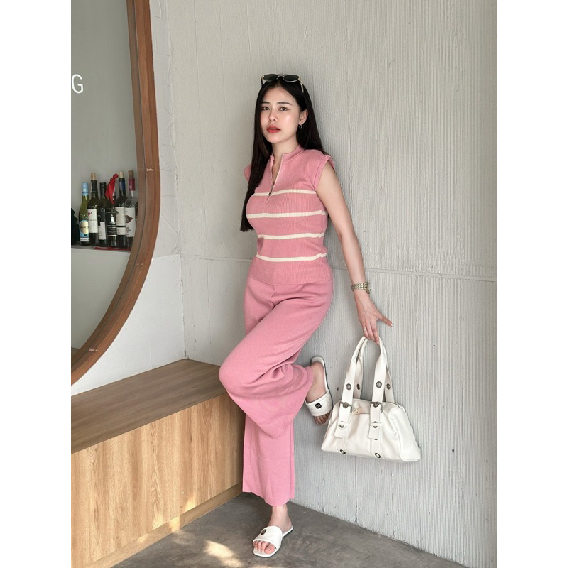 Dzaishopเสื้อแขนกุดงานซิปแต่งทอลายจับคู่กางเกงขาบานงานสีพื รูปที่ 7