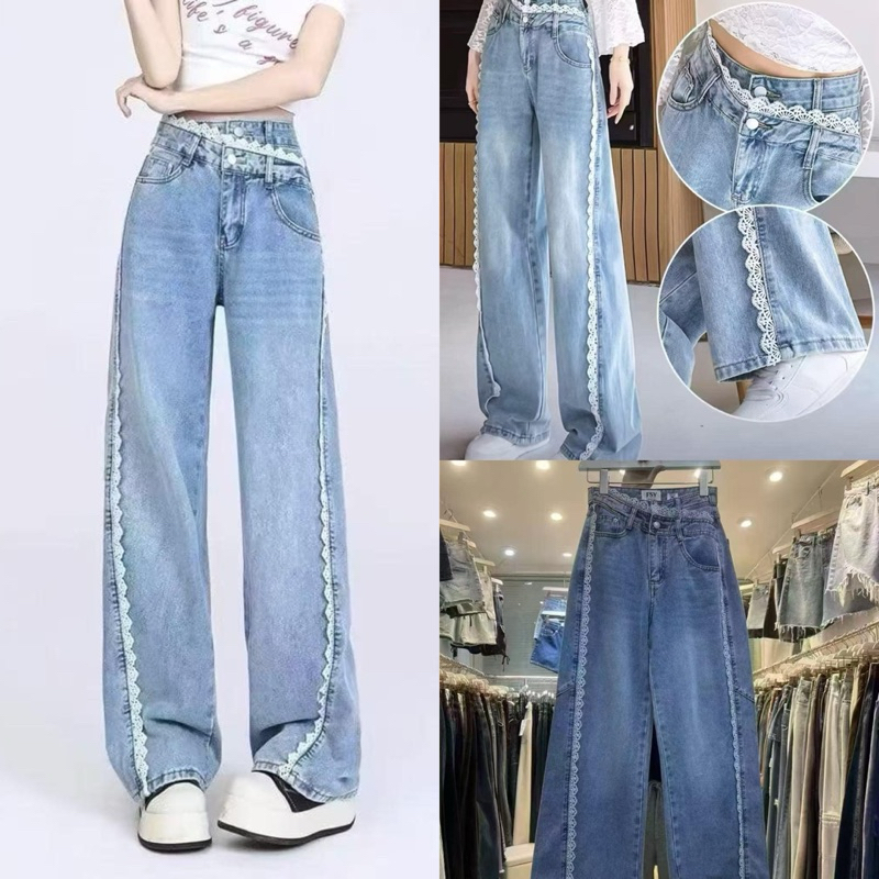 📍พร้อมส่ง📍🇰🇷FSY🇰🇷61599 Korea wrap laced denim jeans ยีนป้ายแต่งขอบลูกไม้งานสวยมาก