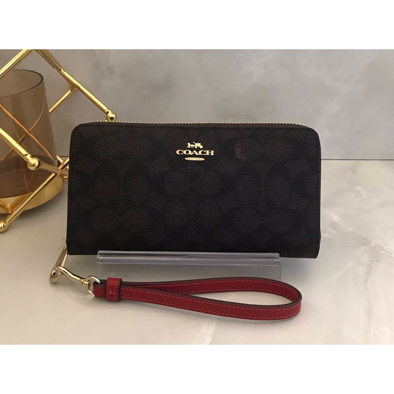 🎀(สด-ผ่อน) CW778 LONG ZIP AROUND WALLET IN SIGNATURE CANVAS  กระเป๋าสตางค์ยาวซิปรอบกาแฟดำ©️แดง