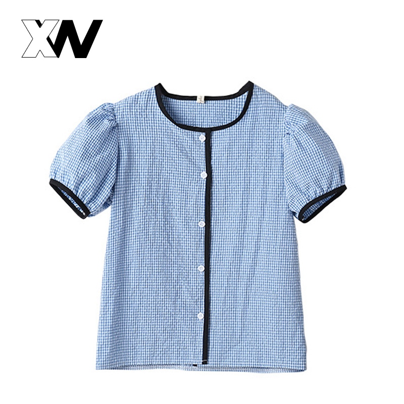 XWbrand   NEW เสื้อผ้าแฟชั่นส มาพร้อมกระดุมด้านหน้าใช้งานได้จริง  ไตล์เกาหลีเสื้อคอกลมแขนสั้นสำ หรับสุภาพสตรี