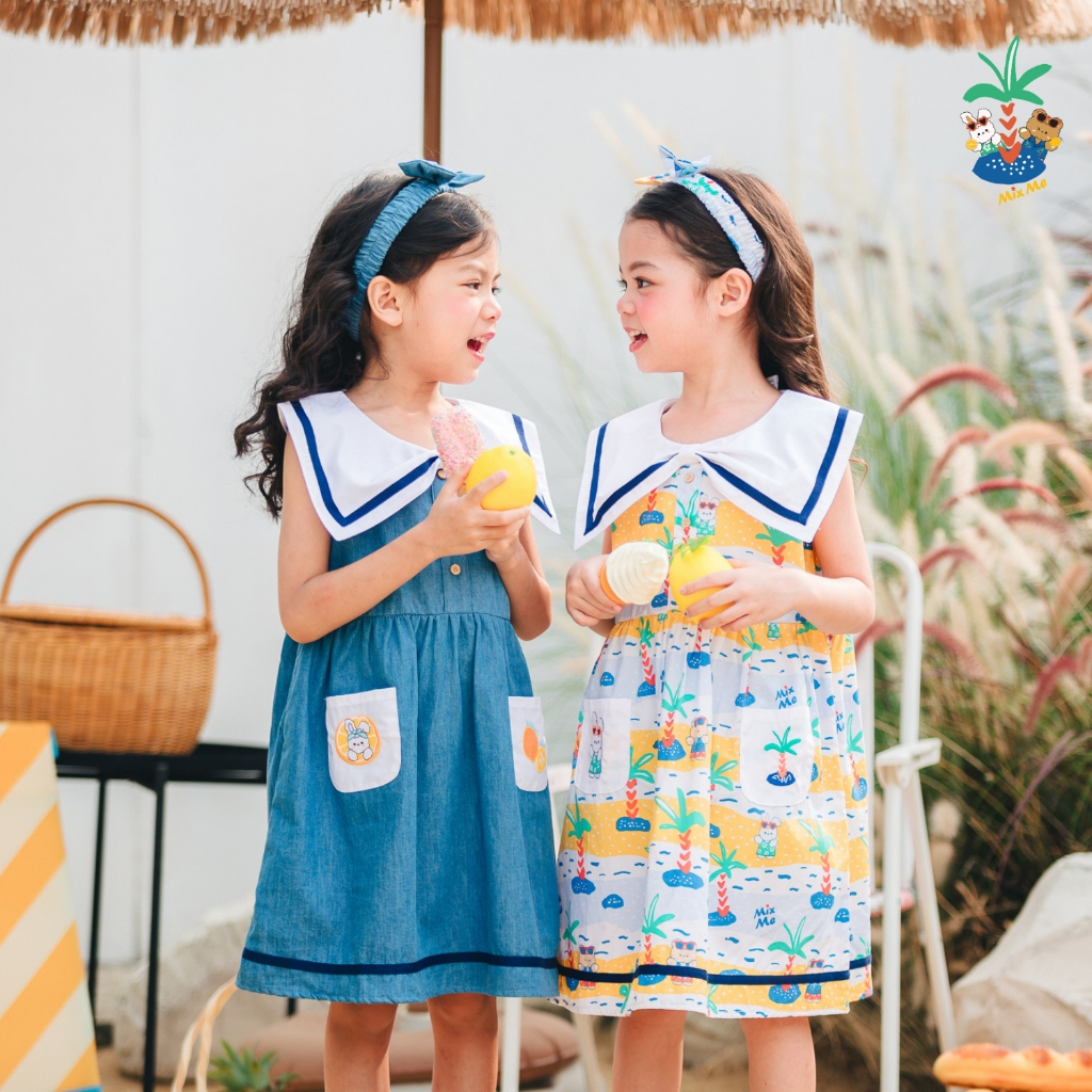 Mix Me ชุดเดรสกระโปรง ปกแหลม พร้อมคาดผมผ้า ลายทะเล(Summer) ผ้า 100%Cotton เด็กหญิง อายุ 1-7 ปี เสื้อผ้าเด็ก รุ่น 500386