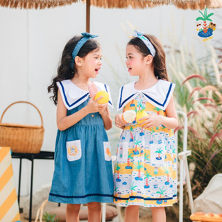 Mix Me ชุดเดรสกระโปรง ปกแหลม พร้อมคาดผมผ้า ลายทะเล(Summer) ผ…