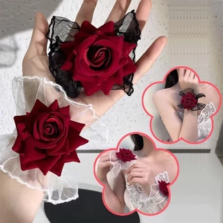 2ชิ้น พร็อบข้อมือโลลิต้า ประดับลูกไม้และดอกกุหลาบ สีเข้ม สำหรับออกงาน