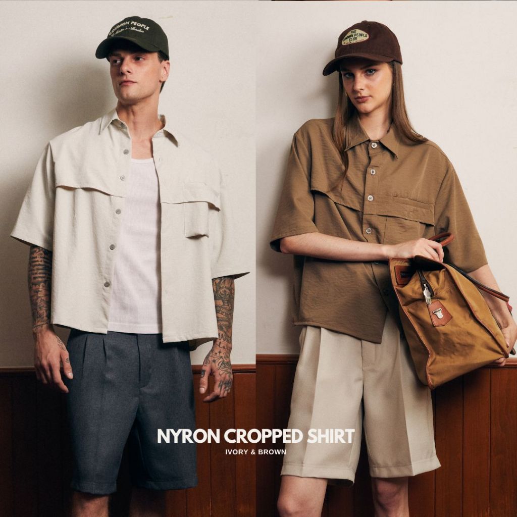 CU " Layered Nylon Cropped Shirt  " - Ivory / Brown เสื้อเชิ๊ตครอป crop oversizeโอเวอร์ไซส์ แขนสั้น