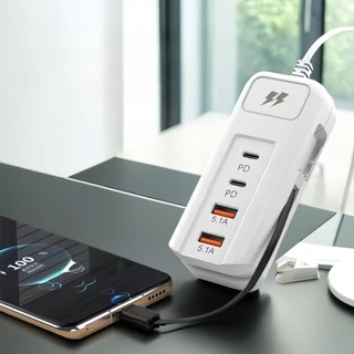 รางปลั๊กไฟ USB มัลติฟังก์ชั่น 66W ชาร์จเร็ว 4 พอร์ต Type-C + USB-C 5.1A PD ปลั๊ก 2 ช่อง ตัวแยกฮับ
