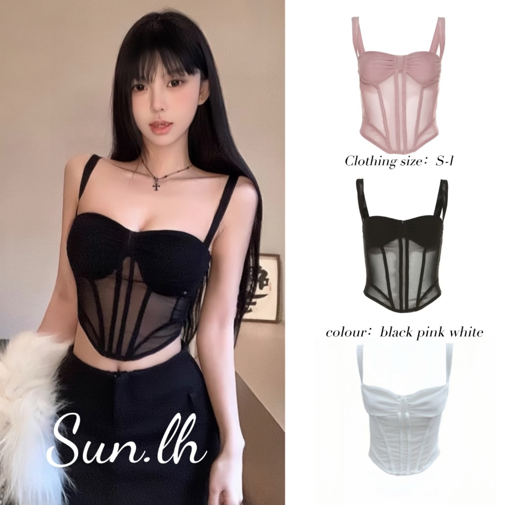 SUN🛍️พร้อมส่ง🛍️เสื้อชั้นในสตรีทรงสลิมฟิตตาข่ายฝรั่งเศสทรงสลิมฟิตคอเหลี่ยมเซ็กซี่ใหม่ของผู้หญิง