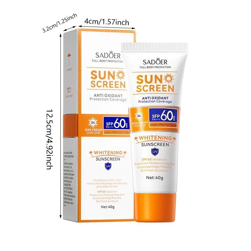 ครีมกันแดด SADOER บล็อกผิวหน้า spf60++ ไม่เหนียวเหนอะหนะ ปริมาณ40g.หลอดขาวส้ม