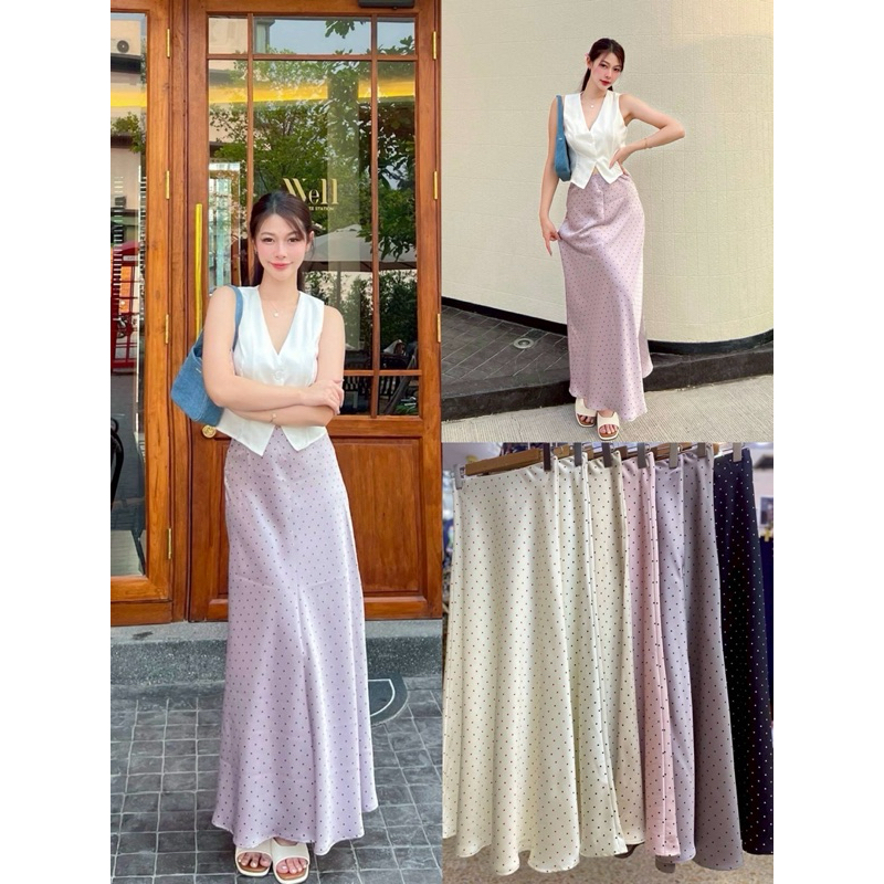 กระโปรงซาตินลายจุดเอวมีไซส์ หางปลา ผ้าดีผ้าพริ้ว ใส่สวยมาก