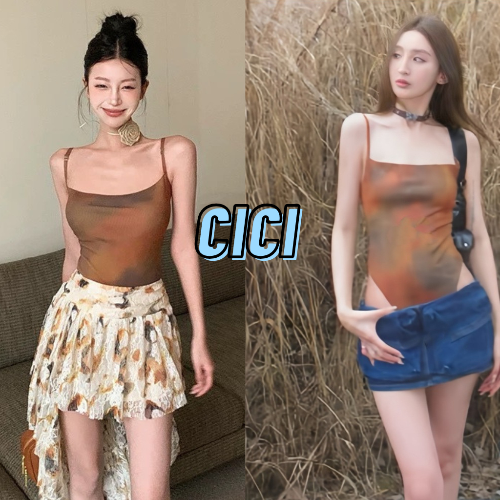 ส่งทันที Cici (NO. J1759) บอดี้สูทสายเดี่ยวดีเทลพิมลาย แต่งสีวินเทจสาย สามารถปรับได้ สไตล์เท่ห์