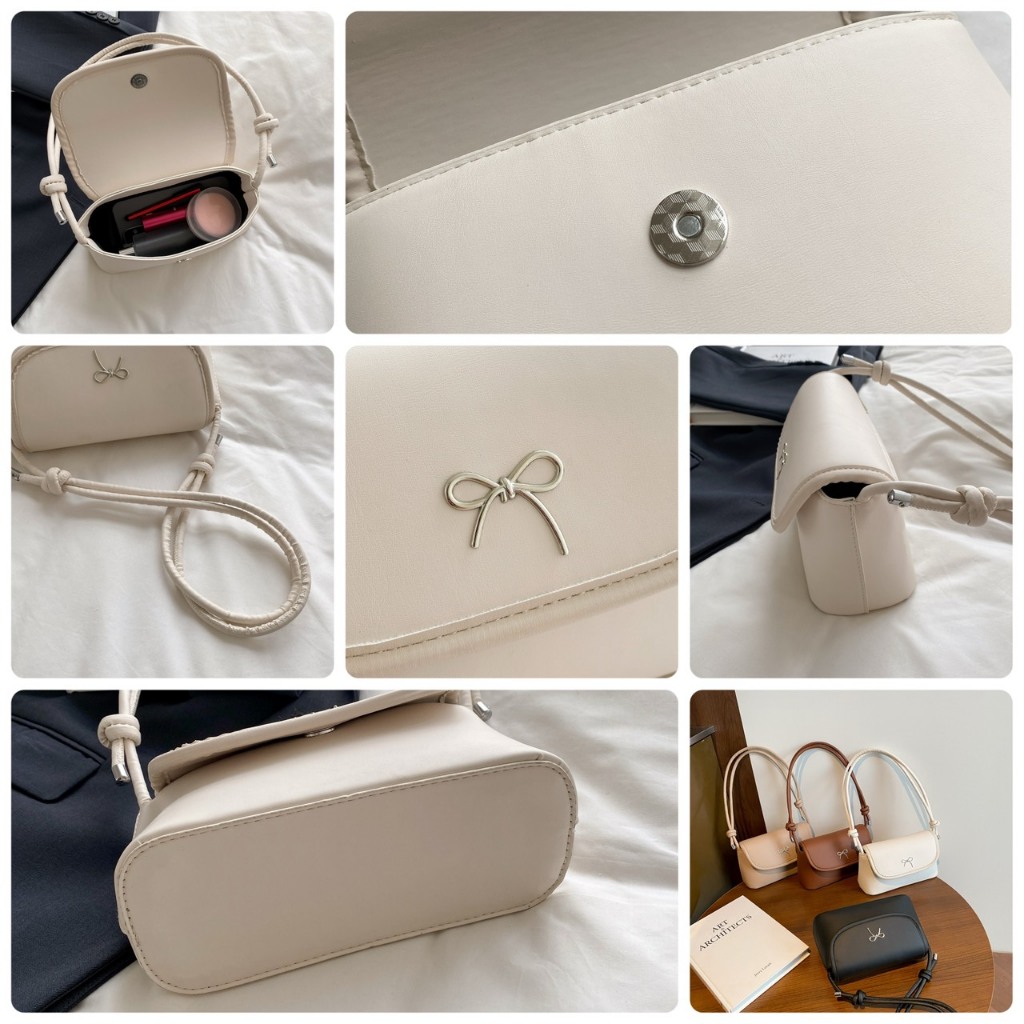 Fashion กระเป๋าสะพายข้าง สะพายไหล่ ประดับโบว์ หนัง PU มันเงา หรูหรา เรียบง่าย พร้อมส่ง B-015
