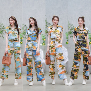 เสื้อเชิ้ตฮาวายแขนเบิ้ลซัมเมอร์ทะเล ติดกระดุมด้านหน้า + กางเ…