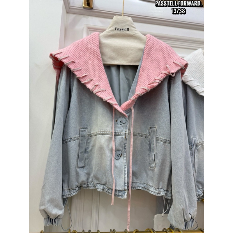 🇰🇷New🇰🇷  Korea denim knitted collar jacket jkยีนใส่คลุมสวยเก๋ ดีเทลแต่งปกไหมพรม ดีเทล ชายเสื้อปรับรู