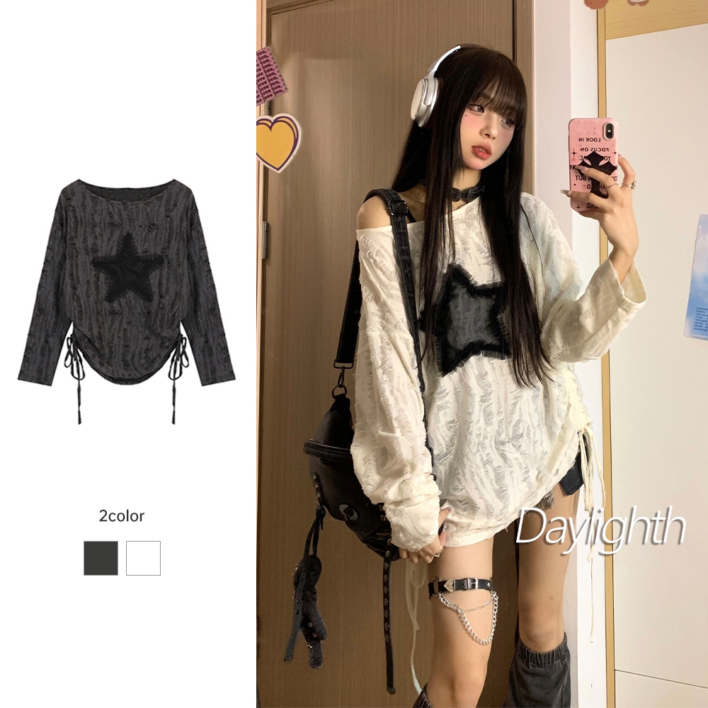 เสื้อยืดแขนยาว คอกลม ป้องกันแดด ทรงหลวม ลายดาว สามมิติ แฟชั่นฤดูใบไม้ร่วง สไตล์เกาหลี สําหรับผู้หญิง DL