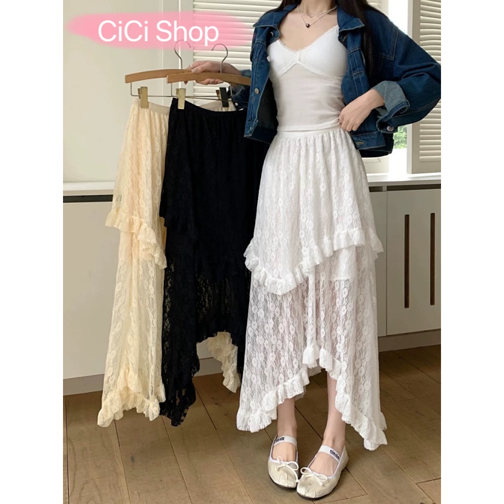 Cicishop(2527) กระโปรงเอวยางยืด แต่งระบายลูกไม้ มีซับใน ดีเทลเว้าหน้า สไตล์สาวฮาวาย
