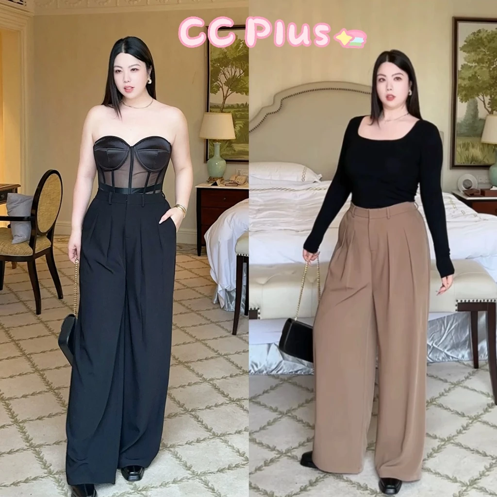 CiCi Plus+ (2518) กางเกงดีเทลเอวสม็อคด้านหลังขากระบอกใหญ่ตะขอเกี่ยวด้านหน้า สไตล์สาวพลัสไซส์วัยทำงานแบบสาวออฟฟิต