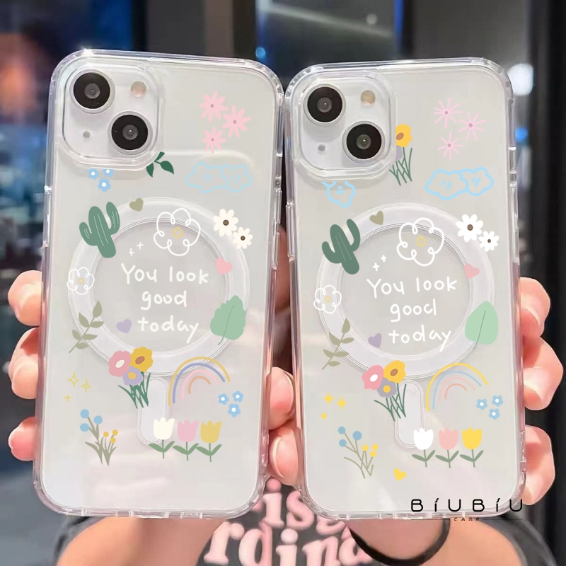 🔥เคสมือถือ🔥 แม่เหล็ก เคสใส สำหรับไอโฟน ดอกไม้สวย For iPhone11 12 15 PRO MAX 16 13 14 PRO MAX X XS XR 7/8Plus 15PRO MAX