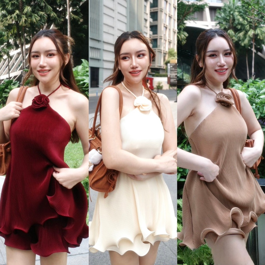 S101 ชุดเซ็ตอัดพลีท เสื้อแต่งดอกไม้+กางเกงขาสั้น