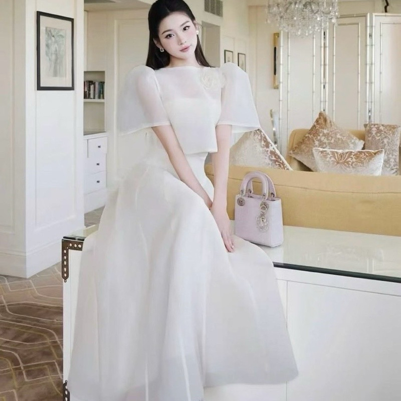 [NITTAYA] D2692 ชุดเดรสกระโปรงยาวสายเดี่ยว+เสื้อคลุมคอกลมแขนสั้นซีทรู แต่งเข็มกลัดดอกไม้