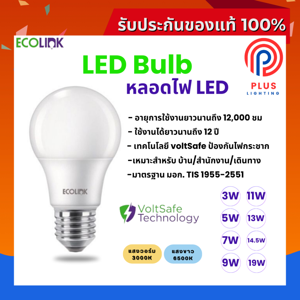 หลอดไฟ อีโคลิ้งค์ ECOLINK 3W , 5W , 7W , 9W , 11W , 13W , 14.5W , 19W  ขั้ว E27  LED Bulb