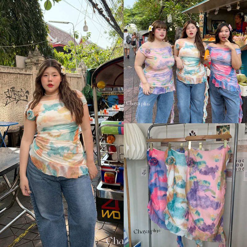 (LD) เสื้อปาดไหล่ กุยกาย ผ้าชีฟอง ลายมัดย้อม ติดดอกกุหลาบ เหมาะกับซัมเมอร์สุดๆ เสื้อผ้าสาวอวบอ้วน พลัสไซส์ ไซส์ใหญ่