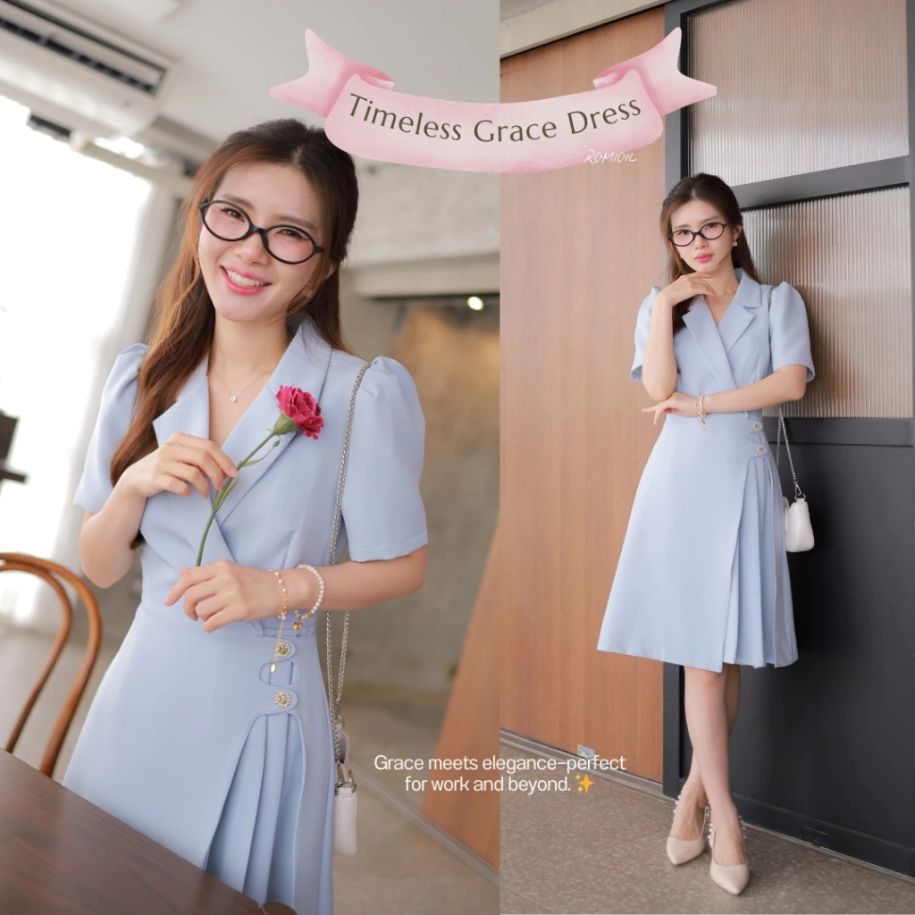 "Romi"Oil" Timeless Grace Dress (Blue) J536 ชุดเดรสสีฟ้า (ติดกระดุมดอกไม้ด้านหน้า)